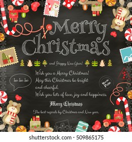 Merry Christmas and New Year Card - Holiday Frame - Greeting Text and Xmas Symbols on Blackboard  Background. Vector Illustration.