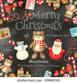 Merry Christmas and New Year Card - Holiday Frame - Santa Claus, Bear, Snowman and Symbols on Blackboard  Background. Vector Illustration.