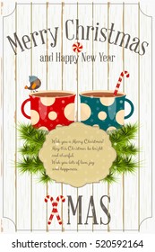 Merry Christmas and New Year Card -  Two Cups of Coffee and Xmas Fir Branches on White Wooden Background. Vector Illustration.