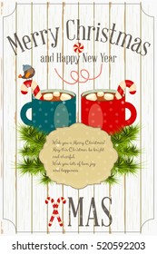 Merry Christmas and New Year Card -  Two Cups of Hot Chocolate and Marshmallows and Xmas Fir Branches on White Wooden Background. Vector Illustration.