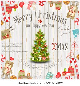 Merry Christmas and New Year Card - Holiday Frame - Decorated Xmas Tree and Holiday Symbols on White Wooden Background. Vector Illustration