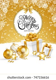 Merry Christmas and New Year card with christmas balls and gift boxes on snow. Handwriting lettering. Vector illustration.