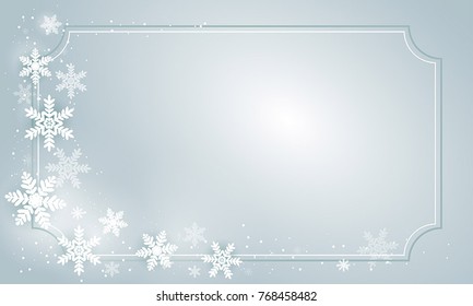 Merry Christmas and New Year card template, background. Greeting Card with cute snowflakes, decorations and frame. Traditional winter season holiday postcard.