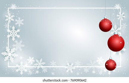 Merry Christmas and New Year card template, background. Greeting Card with cute snowflakes, decorations and frame decorated with balls. Traditional winter season holiday postcard.decorated with balls