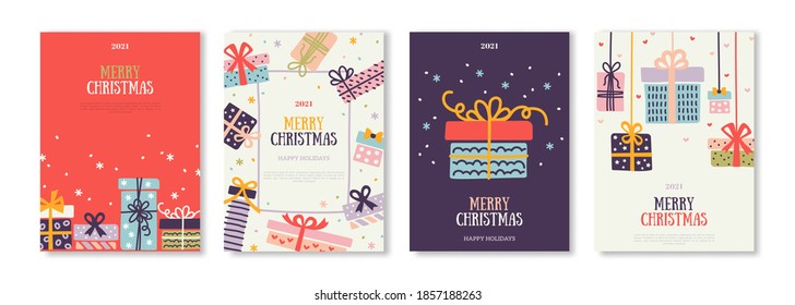 Merry Christmas   New Year cards  Hand Drawn Doodle Gift Boxes  Vector illustration  Design for poster  party invitation  brochure flyer template and birthday presents 