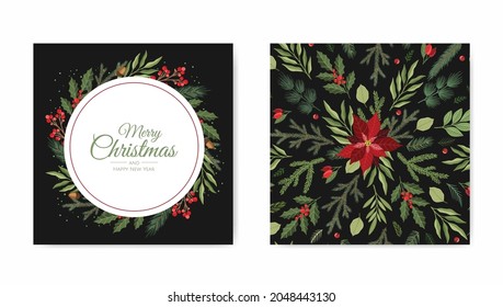 Merry Christmas and New Year Cards with Pine Wreath, Mistletoe, Winter plants design illustration for greetings, invitation, flyer, brochure.