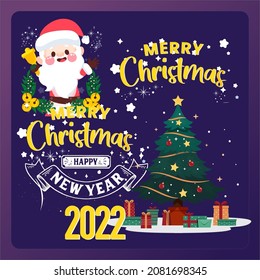 Merry Christmas and New Year cards. Christmas tree, glass ball, stars, beads and elegant letters on attractive background.