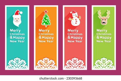 Merry Christmas and New Year cards or banner with long shadow icon
