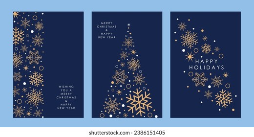 Feliz Navidad y Año Nuevo e invitaciones a eventos corporativos. Copos dorados de nieve y estrella navideña con fondo azul. Ilustración vectorial de invierno.