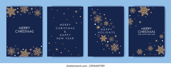 Feliz Navidad y Año Nuevo e invitaciones a eventos corporativos. Copos dorados de nieve y estrella navideña con fondo azul.