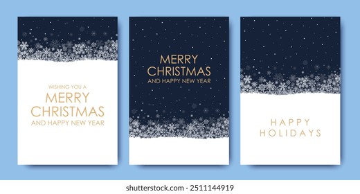 Merry Christmas and New Year cards and invitations to corporate events. Snowflakes on a blue background. Winter vector illustration	