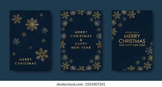 Merry Christmas and New Year cards and invitations to corporate events. White and gold snowflakes on a blue background. Winter vector illustration.