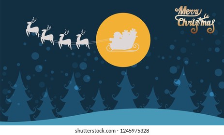 Merry Christmas and New Year celebration Santa Claus flying  in sleigh with gifts and reindeer on moon sky background 
