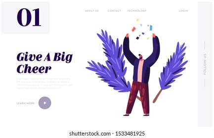 Merry Christmas and New Year Celebration Website Landing Page. Cheerful Man Throw Up Confetti on Festive Background with Fir Tree Branches. 2020 Party Web Page Banner. Cartoon Flat Vector Illustration