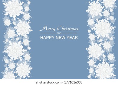 Merry Christmas and New Year celebration blue background with shining snow and big white snowflakes. Winter vector background, banner, poster, card, frame.