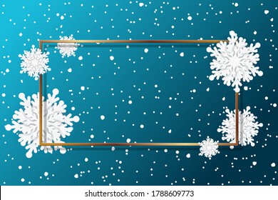 Merry Christmas and New Year celebration background with shining snow and big white snowflakes. Winter vector frame, background, banner, poster, card.