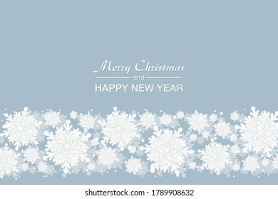 Merry Christmas and New Year celebration blue background with shining snow and big white snowflakes. Winter vector background, banner, poster, card, frame.