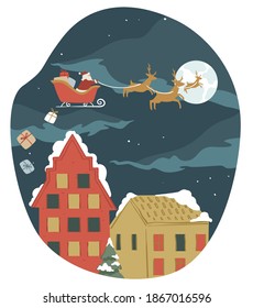 Merry christmas and new year celebration and greeting with winter holidays. Santa claus in sled with reindeers riding and giving presents to citizens. Snowy cityscape at night, vector in flat