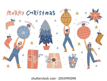 Merry Christmas and New Year Celebration collection. Little People Having Fun and holding big xmas tree toys, baubles and balls. Christmas tree, socks and gift boxes. Flat Vector Illustration