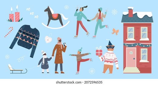 Merry Christmas or New Year celebration, winter holidays set vector illustration. Cartoon couple characters skating and sledding, celebrate on skates, people with sparklers isolated on blue background