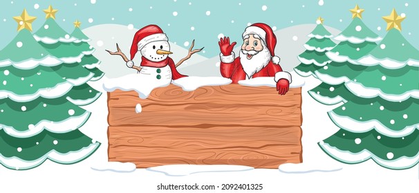 Merry Christmas and New Year Celebration Card or banner Template. Cute Santa Claus with Snowman Characters waving hand in a snowfall Landscape standing behind wooden signboard covered with snow caps. 
