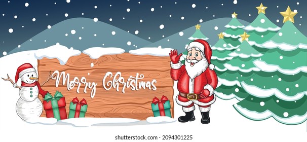 Merry Christmas and New Year Celebration Vector Card Template Design. Vintage  Santa Claus with Snowman Character in a snowfall Landscape. Merry Christmas text written by snow on wooden signboard. 