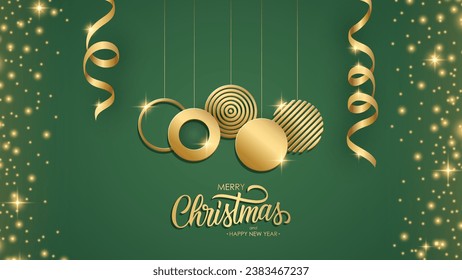 Merry Christmas and New Year celebration banner. Festive background with Christmas balls for holiday greetings and Christmas invitations. Glittering sparks. Green background. Vector illustration.