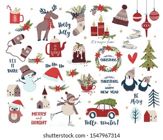 Merry Christmas and New Year collection. Scandinavian design set with snowman, Christmas flowers, houses, candles,  deer, penguin, sock, cup , cake, mittens. Isolated vector