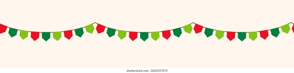 Merry Christmas and New year color retro buntings garlands isolated on white background. Vector illustration. Seamless Happy Xmas banner, green fiesta border, red carnival holiday header