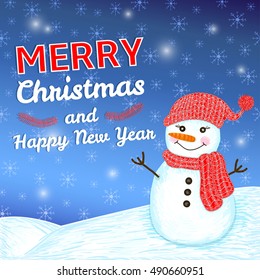Merry Christmas and New Year colorful background with hand drawn snowman and snowflakes
