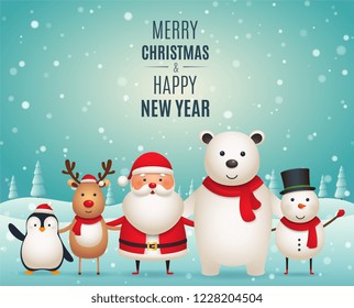 Merry Christmas New Year companions. Cute Christmas animals, Penguin, Deer, Santa Claus, White polar bear and Snowman on winter snowy landscape.