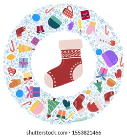 Merry Christmas and New year composition with a central subject - sock with ornament. Traditional object - snowman, gift boxes, mitten and hat, tree. Colorfull vector illustration.
