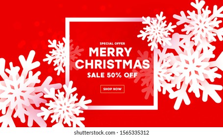 Merry Christmas and New Year composition with airy white snowflakes and frame with text on a red creative background.