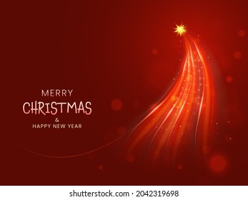 Merry Christmas And New Year Concept With Lights Forming Xmas Tree On Red Background.