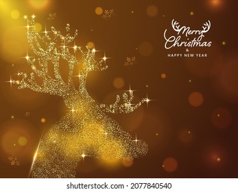 Merry Christmas And New Year Concept With Golden Glittering Reindeer Face On Brown Bokeh Light Effect Background.