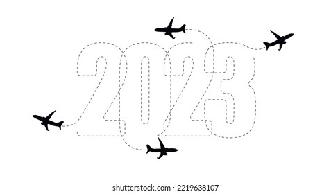 Merry Christmas and New Year concept. The route of the aircraft in 2023. Flat vector illustration