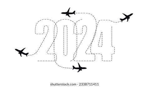 Merry Christmas and New Year concept. The route of the aircraft in 2024. Flat vector illustration