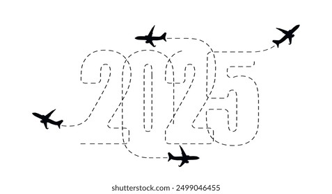 Frohe Weihnachten und Neujahr Konzept. Die Route des Flugzeugs 2025. Vektorgrafik