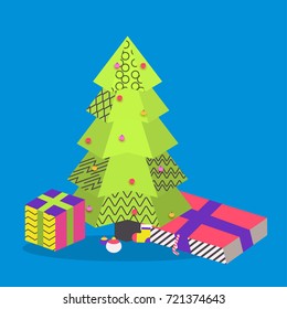Merry Christmas and New Year concept with creative Xmas Tree and colorful gift boxes.