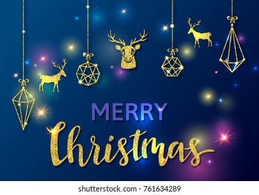 Merry christmas or new year concept with golden vector glitter, foil texture, reindeer animal silhouette, blue background with lights, template for calendar, poster, banner, greeting card