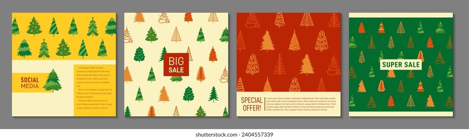 Merry Christmas and New Year cover or square card design set with trees. Xmas traditional symbol pine pattern page flyer. Brochure social media catalog. Decorative noel page background winter vector