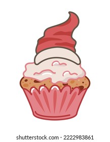 Merry Christmas and New Year cupcake with Santa hat. Vector illustrations.
