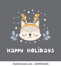 Merry Christmas and New Year Cute animal fox in scandinavian style with lettering - happy holidays. Cartoon animal. Cute print