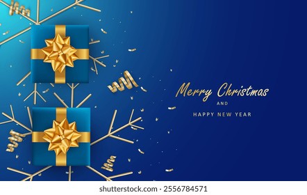 Merry Christmas and New Year dark blue banner background with Christmas gift boxes, golden snowflakes, glitter ribbons. Xmas realistic card. Vector greeting Holiday web border banner.