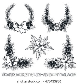 Merry Christmas and new year decoationr set.Spruce fir tree branches,Poinsettia flowers,pine cones,berries,holly,ribbons ,lettering,holiday composition,wreath silhouette.Vector Illustration.Isolated