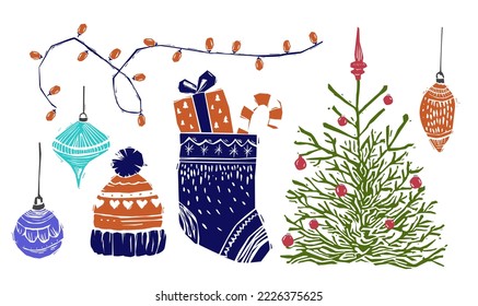 Merry Christmas and new year decoration linocut set. Xmas Elements in lino cut style. Gravure collection x-mas tree, toys and lights.