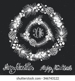 Merry Christmas and new year decoration set.Spruce fir tree branches,Poinsettia flowers,pine cones,berries,holly,ribbons with lettering,holiday composition,wreath.Vector Illustration.Chalkboard