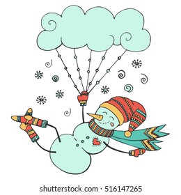 Merry Christmas and New Year decoration card with cute snowman on cloud. Hand drawn vector illustration for poster, print on clothes.