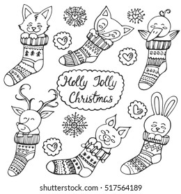 Merry Christmas and New Year decoration collection with cute socks and animals. Set of decoration elements for holidays. Hand drawn vector illustration for poster, print on clothes.