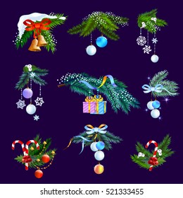 Merry Christmas and New year decoration elements set, christmas tree branch.